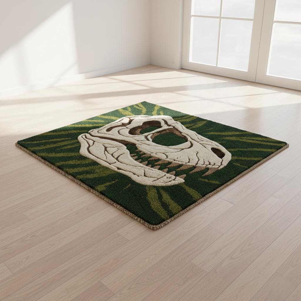 Dinosaur Skull Rug Jurassic Fossil Area Rug Handmade Tufted Statement Carpet Size 6x6 Feet .