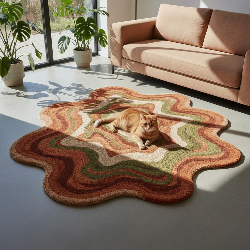 Handmade Tufted Wool Rug: Retro Wavy Abstract, Boho Decor