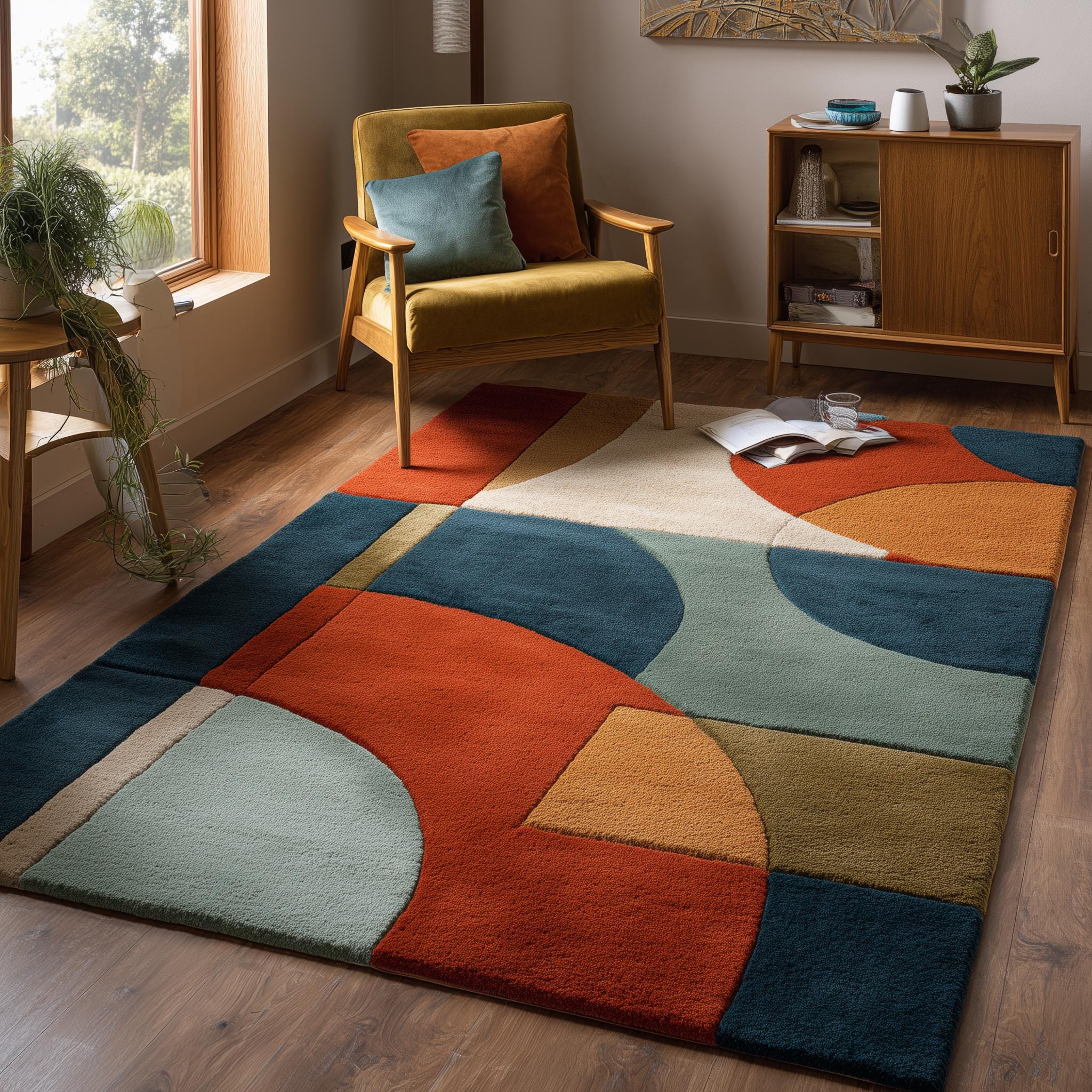 Handmade Mid-Century Modern Area Rug | Geometric Colorful Wool Carpet (6x9)