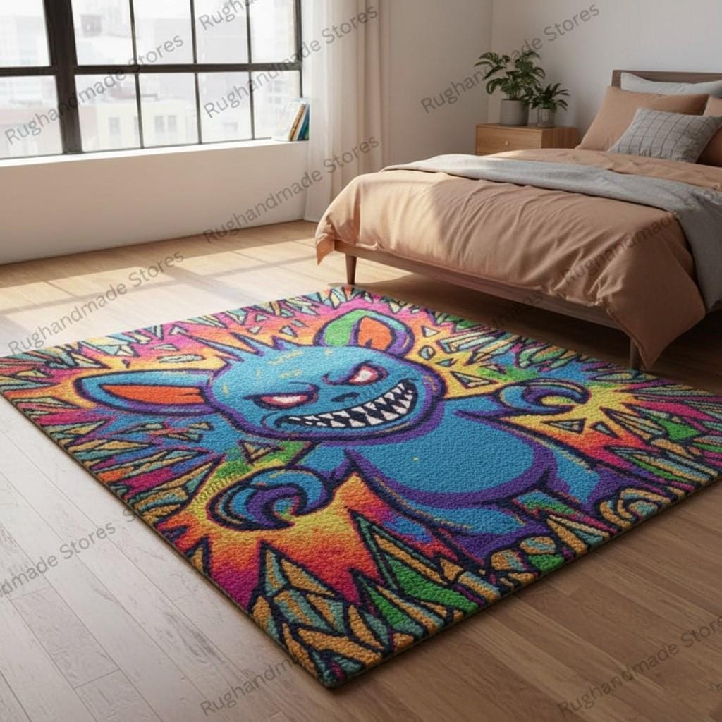 Handmade Tufted Wool Monster Rug, Psychedelic Cartoon Art