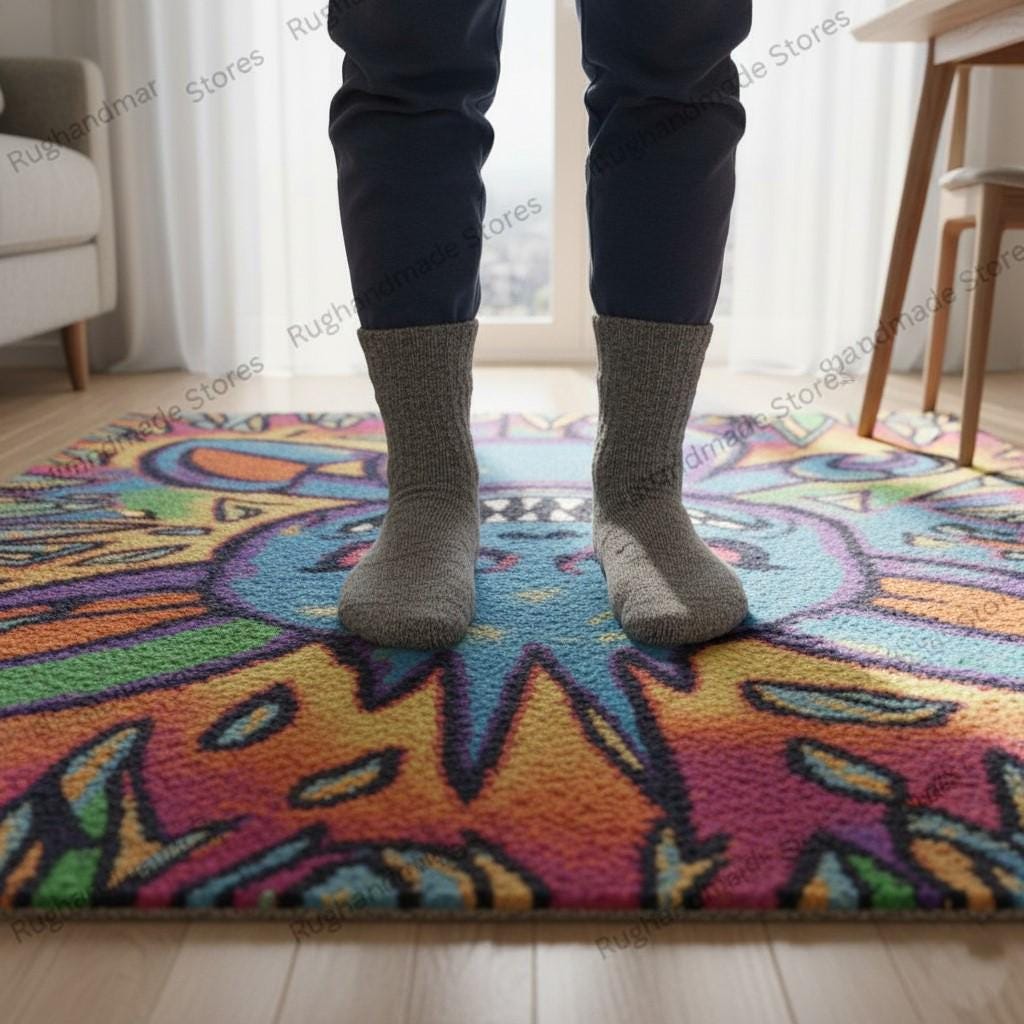 Handmade Tufted Wool Monster Rug, Psychedelic Cartoon Art
