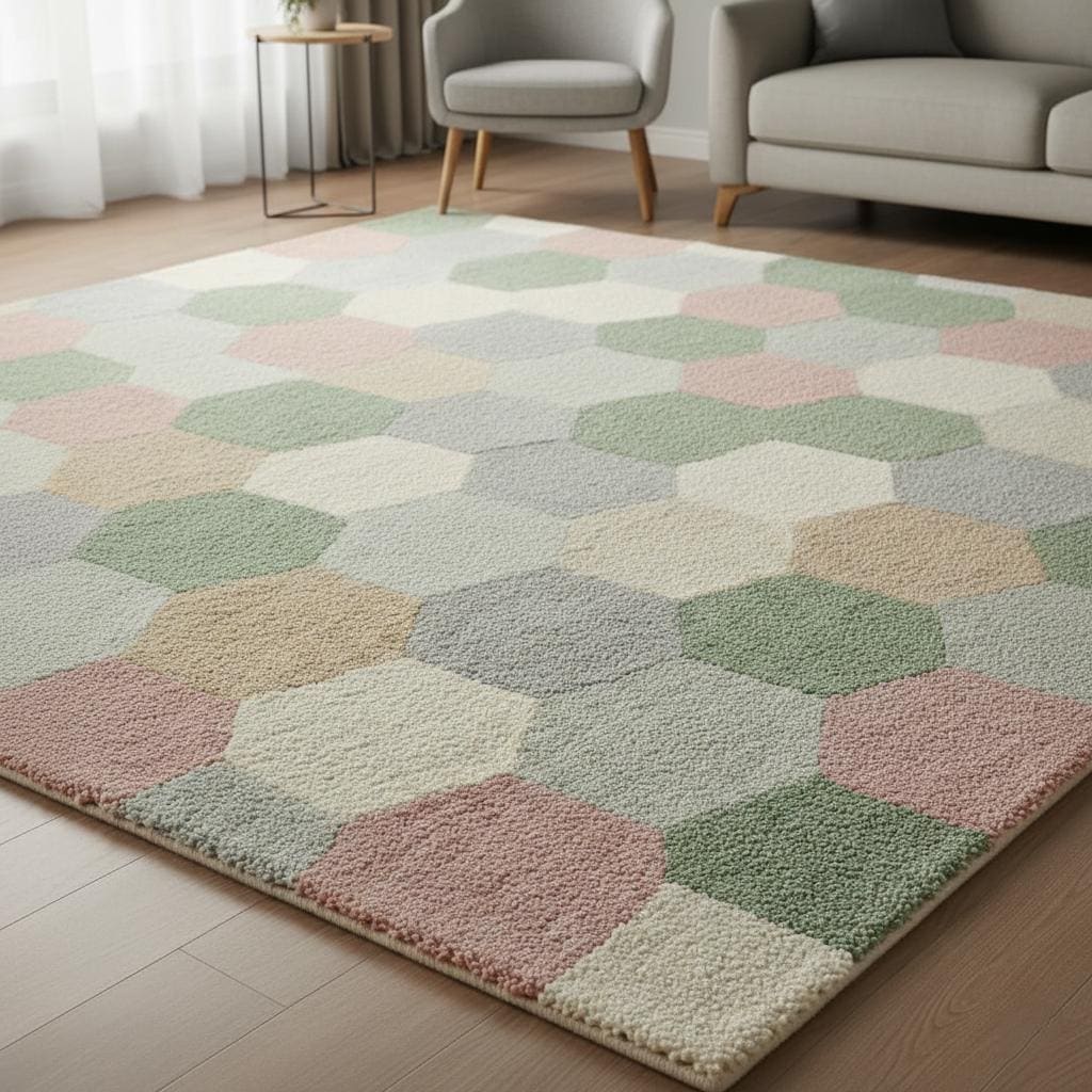Handmade Wool Hexagon Area Rug, Pastel Scandinavian Style