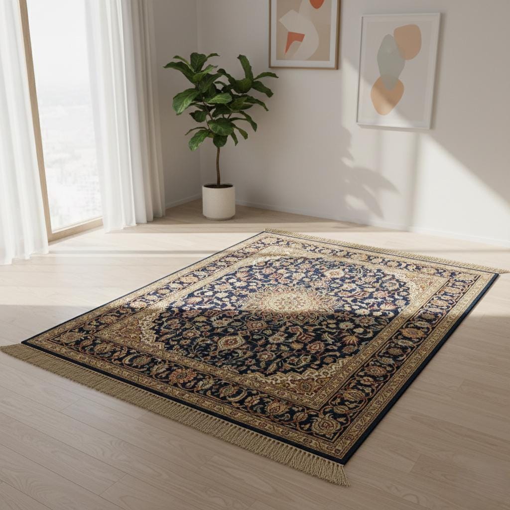 Hand-Knotted Navy Blue Persian Rug: Vintage Wool Oushak with Fringe