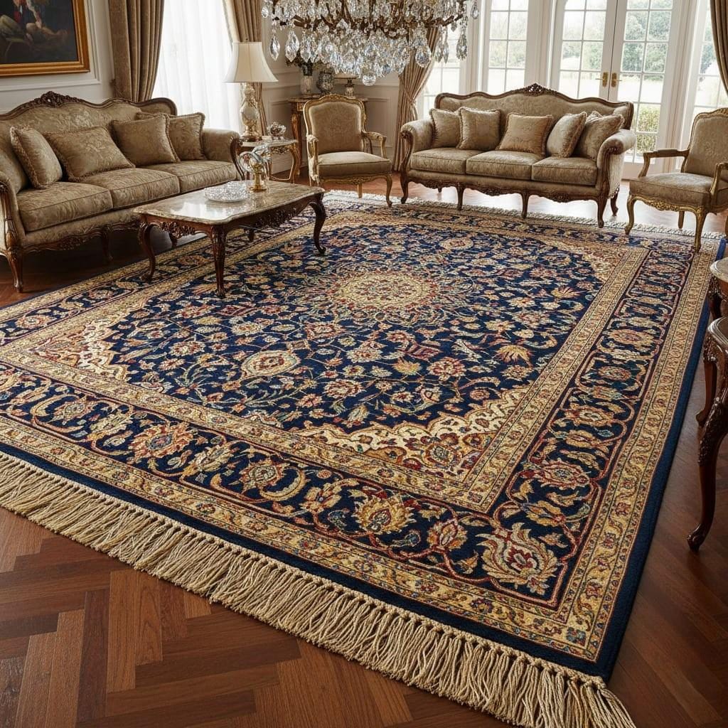 Hand-Knotted Navy Blue Persian Rug: Vintage Wool Oushak with Fringe
