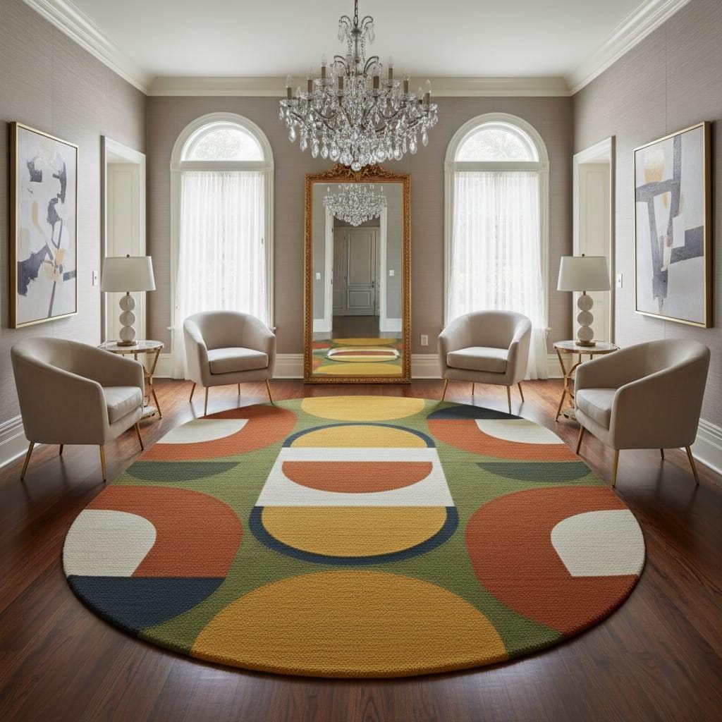 Hand-Tufted Wool Rug: Round Geometric Mid-Century Modern Design