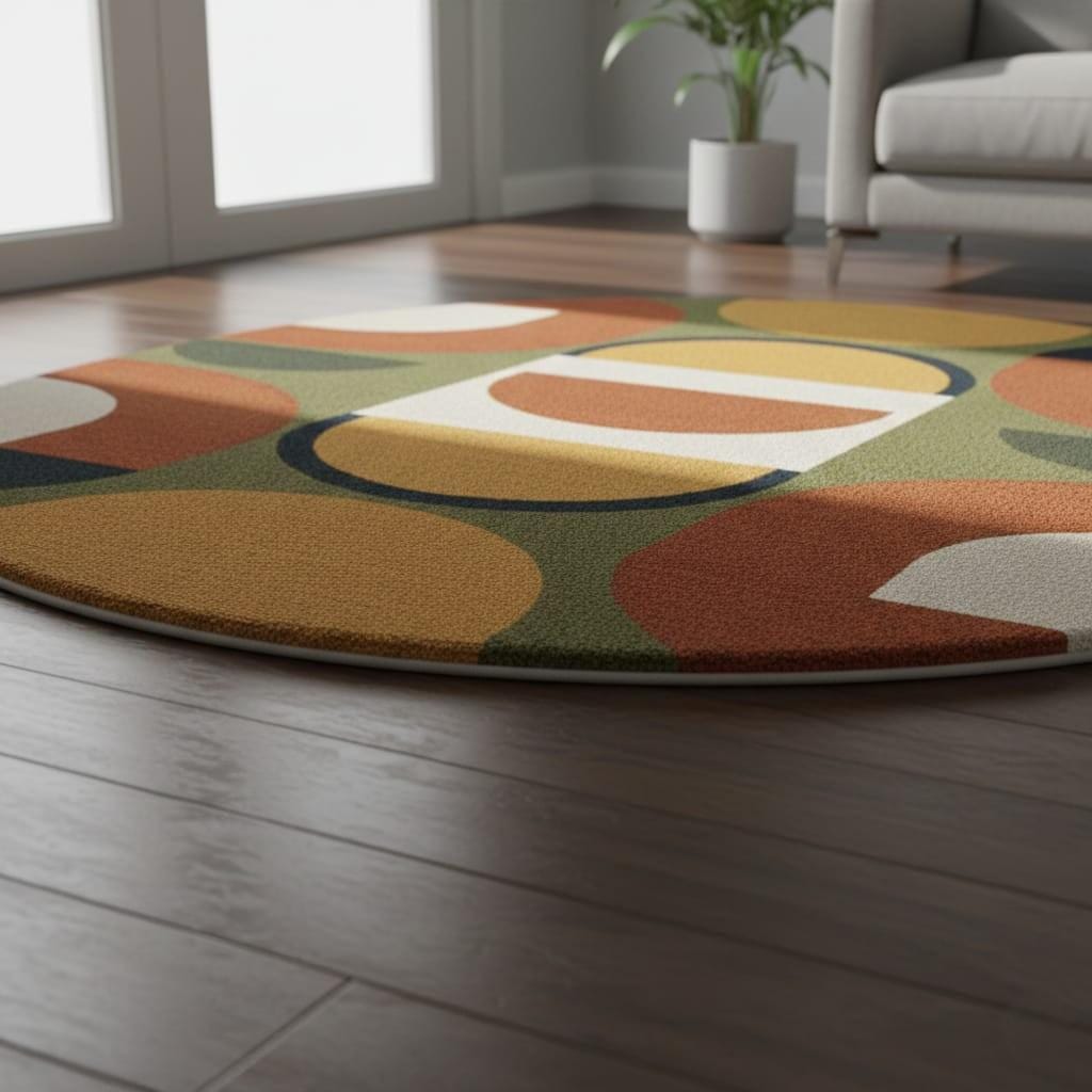 Hand-Tufted Wool Rug: Round Geometric Mid-Century Modern Design