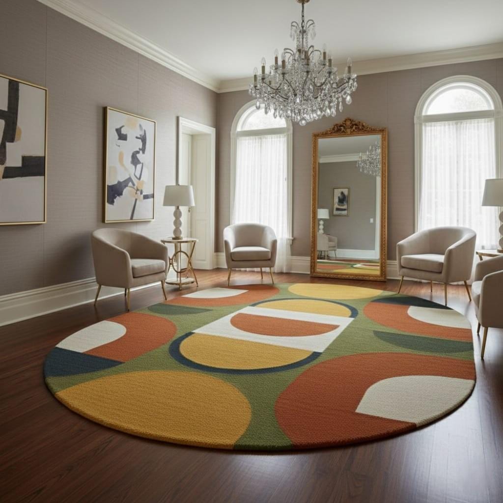 Hand-Tufted Wool Rug: Round Geometric Mid-Century Modern Design