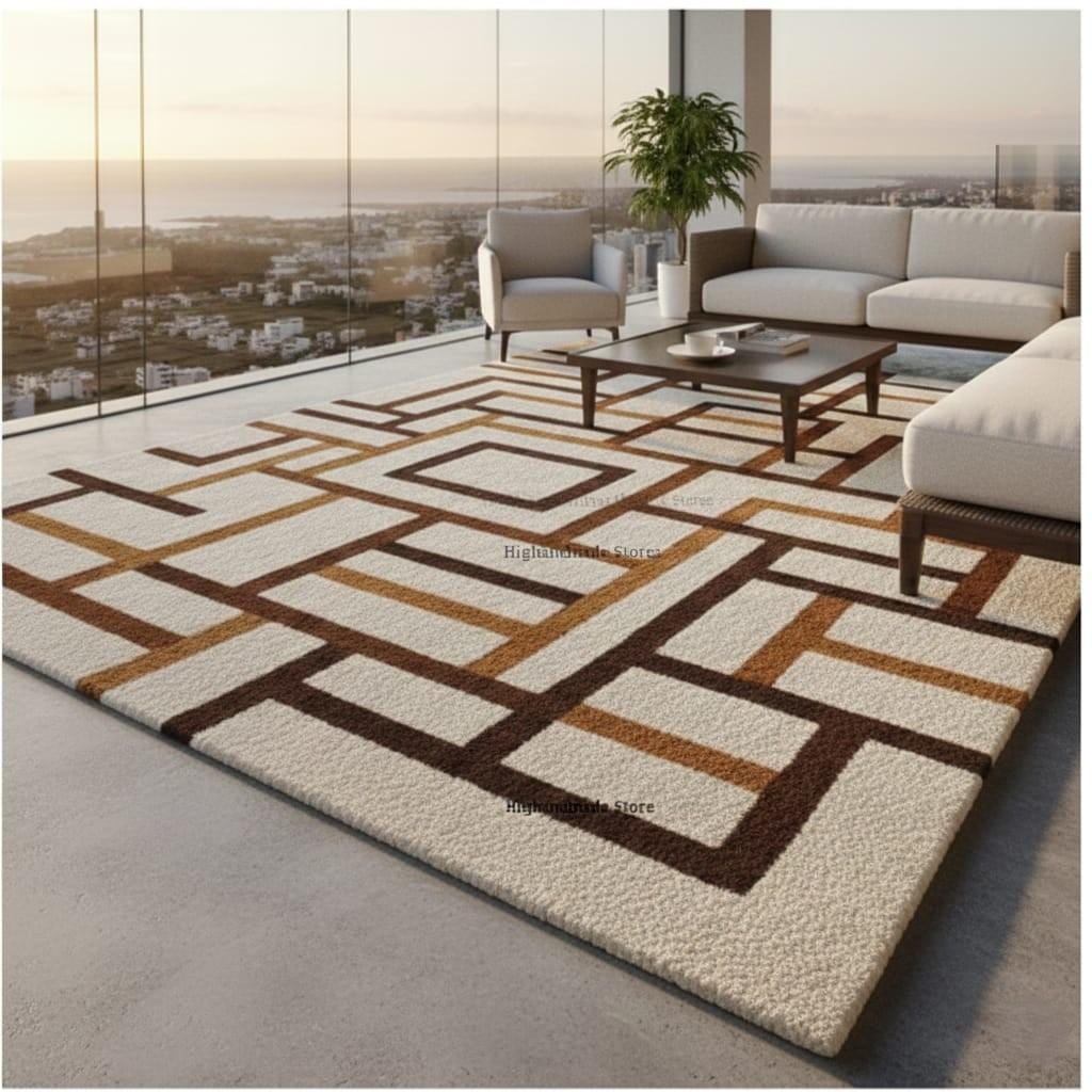 Handmade Geometric Wool Area Rug, Mid-Century Modern, 8x10 ft