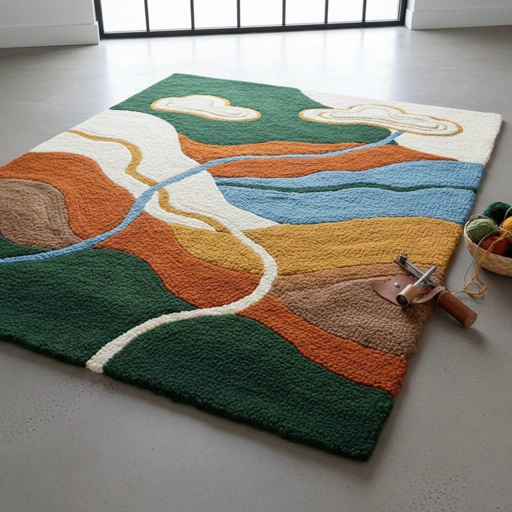 Abstract Landscape Tufted Rug, Modern River & Hills Area Rug