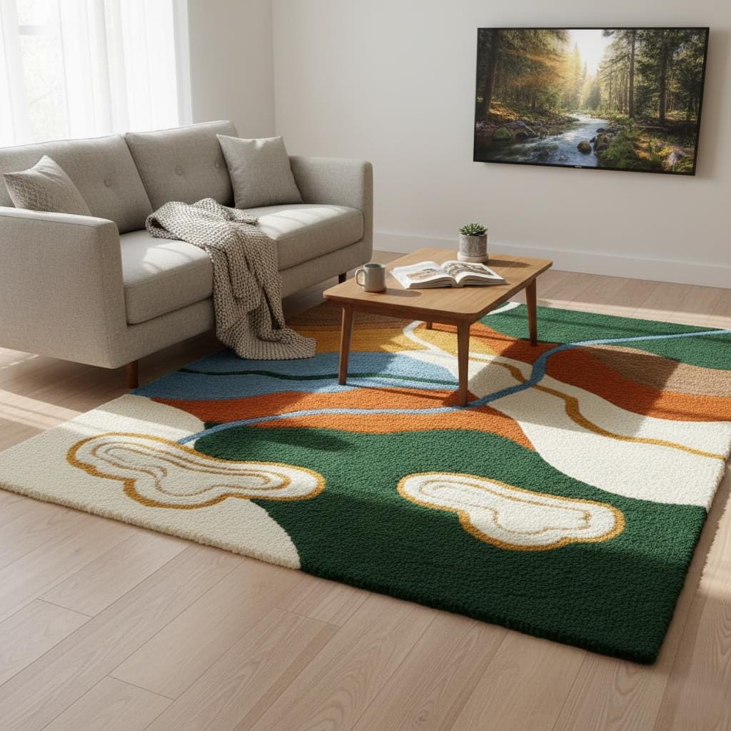 Abstract Landscape Tufted Rug, Modern River & Hills Area Rug