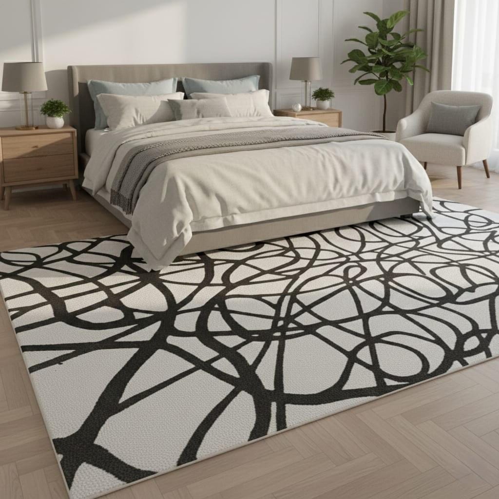 Abstract Black and White Wool Rug, Modern Line Art, Handmade Tufted