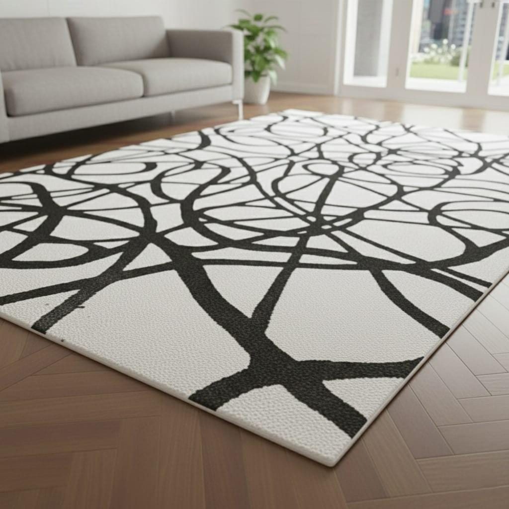 Abstract Black and White Wool Rug, Modern Line Art, Handmade Tufted