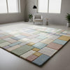 Handwoven Wool Rug, Pastel Patchwork, Geometric Blocks Design