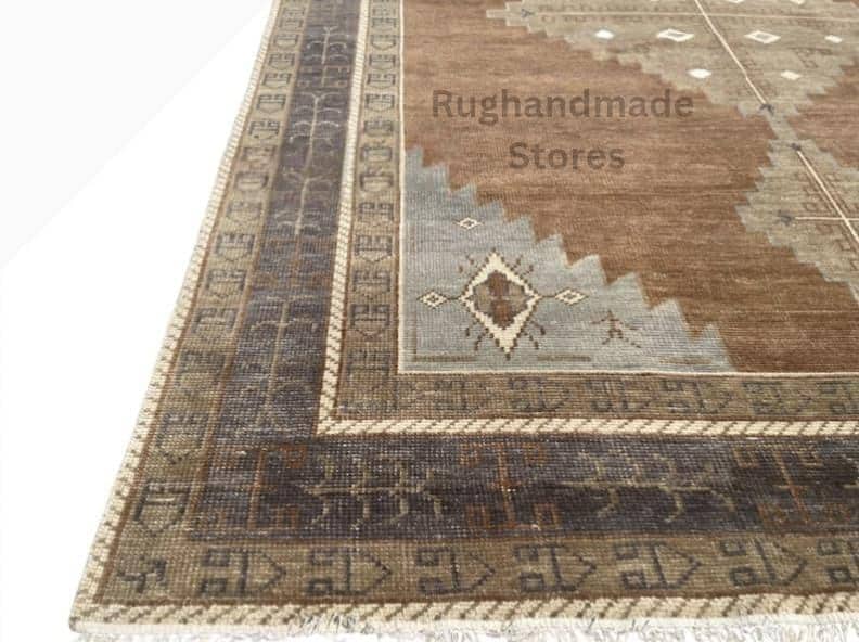 Handmade Oushak Wool Rug: Vintage Turkish Knot, Brown and Beige 8x10