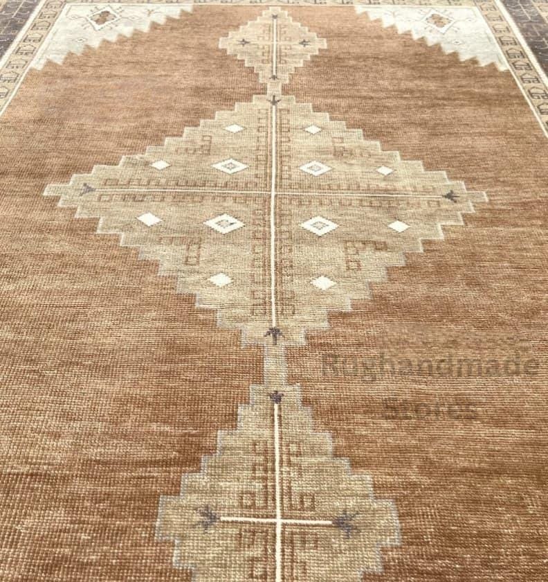 Handmade Oushak Wool Rug: Vintage Turkish Knot, Brown and Beige 8x10