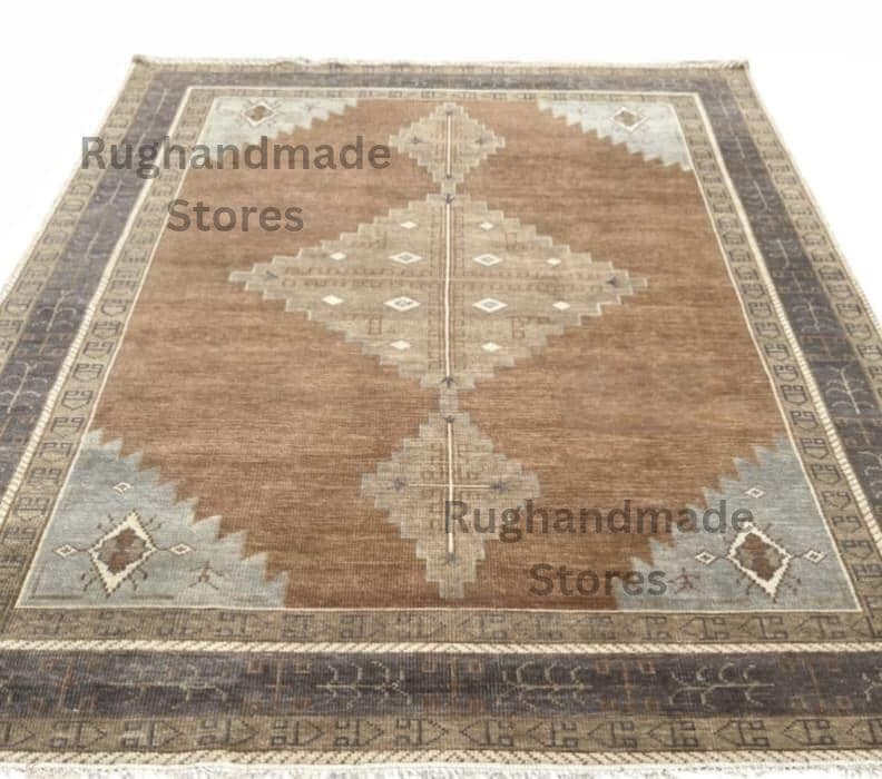 Handmade Oushak Wool Rug: Vintage Turkish Knot, Brown and Beige 8x10