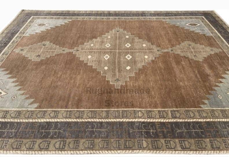 Handmade Oushak Wool Rug: Vintage Turkish Knot, Brown and Beige 8x10