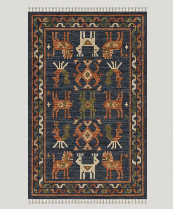 Handwoven Wool Animal Rug, Navy Blue Vintage Style, Southwestern Decor
