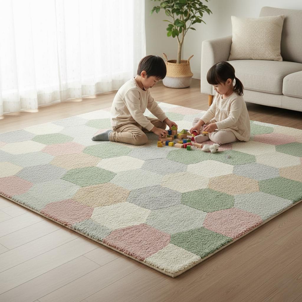 Handmade Wool Hexagon Area Rug, Pastel Scandinavian Style