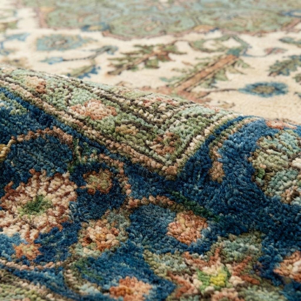 Hand Knotted Wool Area Rug, Vintage Persian Style, Blue Green Floral Rug