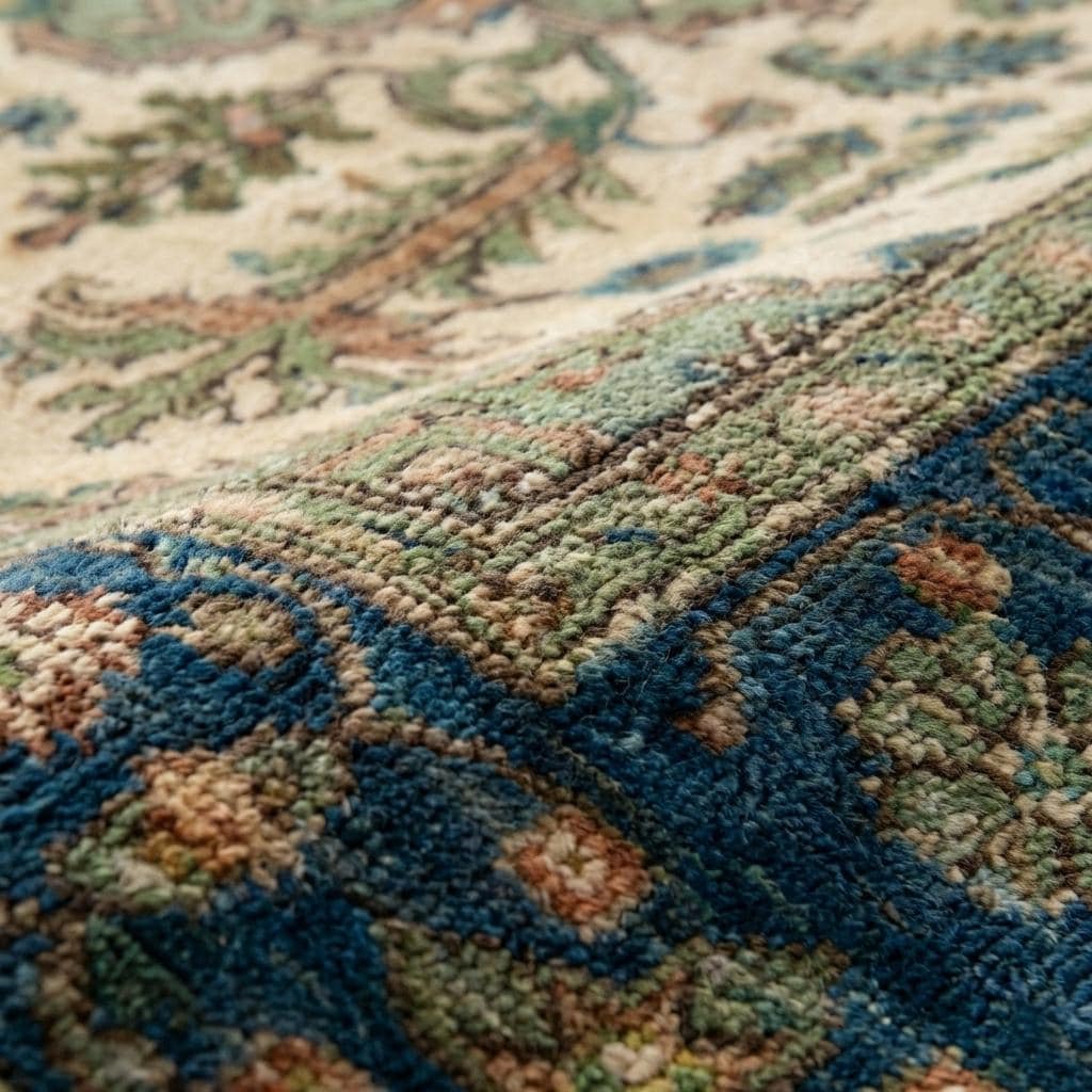 Hand Knotted Wool Area Rug, Vintage Persian Style, Blue Green Floral Rug