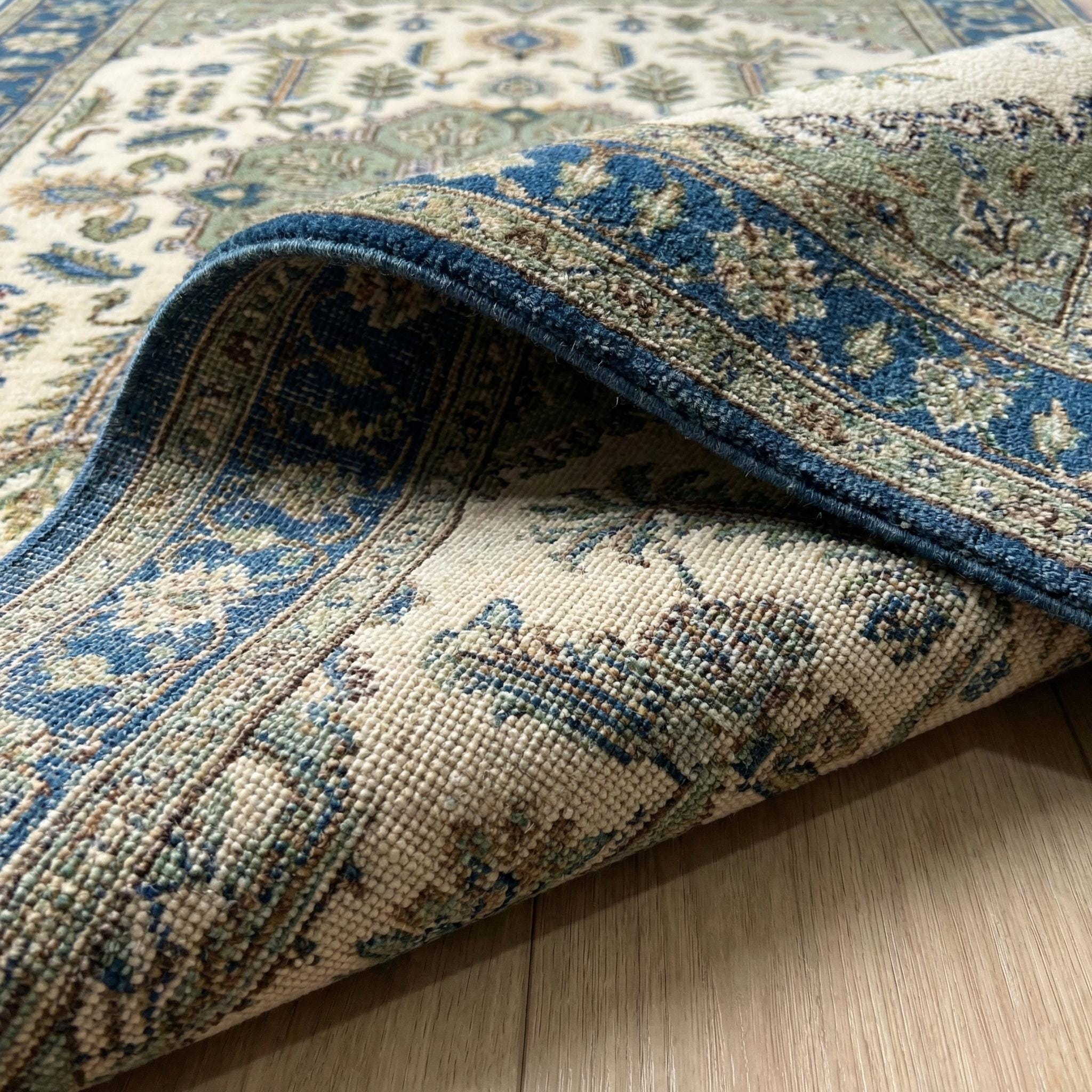 Hand Knotted Wool Area Rug, Vintage Persian Style, Blue Green Floral Rug