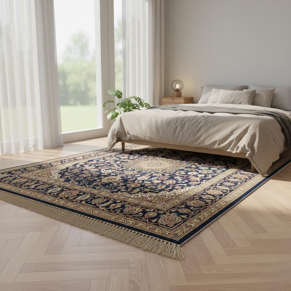 Hand-Knotted Navy Blue Persian Rug: Vintage Wool Oushak with Fringe
