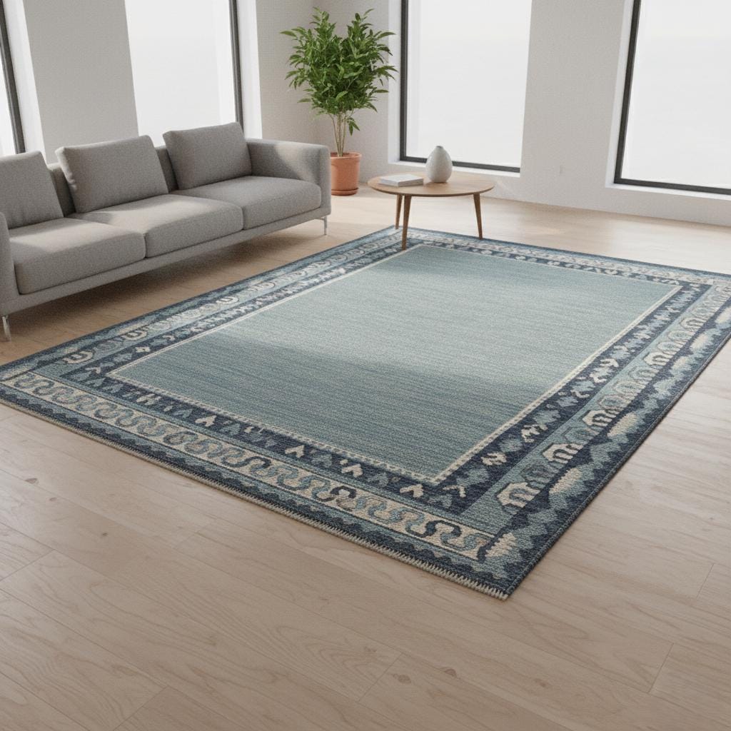 Handmade Blue Wool Area Rug, Tribal Geometric Design, 7x12 ft