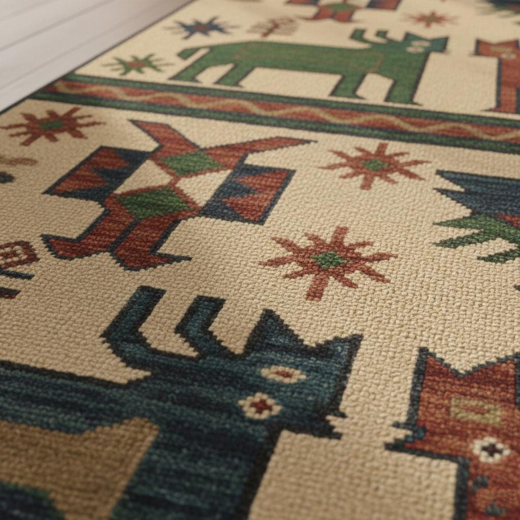 Handwoven Wool Tribal Rug, Folk Art Deer Bird Design, Boho Ethnic Decor