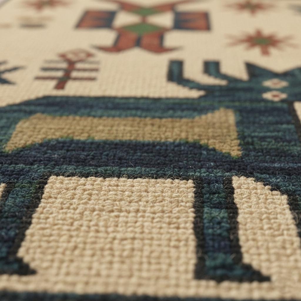 Handwoven Wool Tribal Rug, Folk Art Deer Bird Design, Boho Ethnic Decor