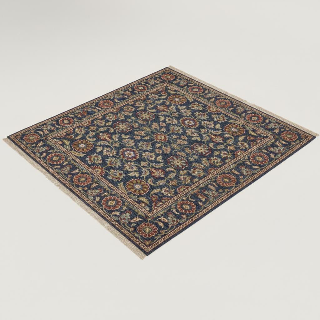 Hand-Knotted Navy Blue Floral Rug, Traditional Persian Style, Wool
