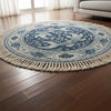 Handmade Blue Koi Fish Round Rug, Japanese Coastal Decor