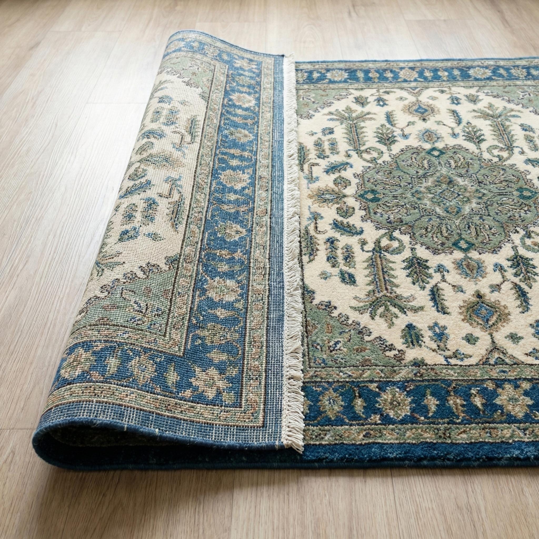 Hand Knotted Wool Area Rug, Vintage Persian Style, Blue Green Floral Rug