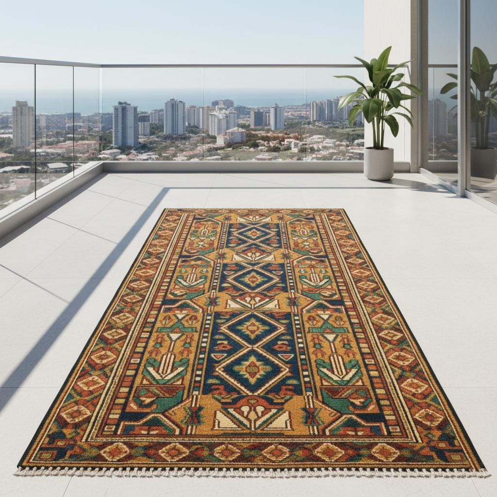 Hand-Knotted Wool Area Rug, Vintage Persian Style Floral Medallion, Light Blue Beige Carpet