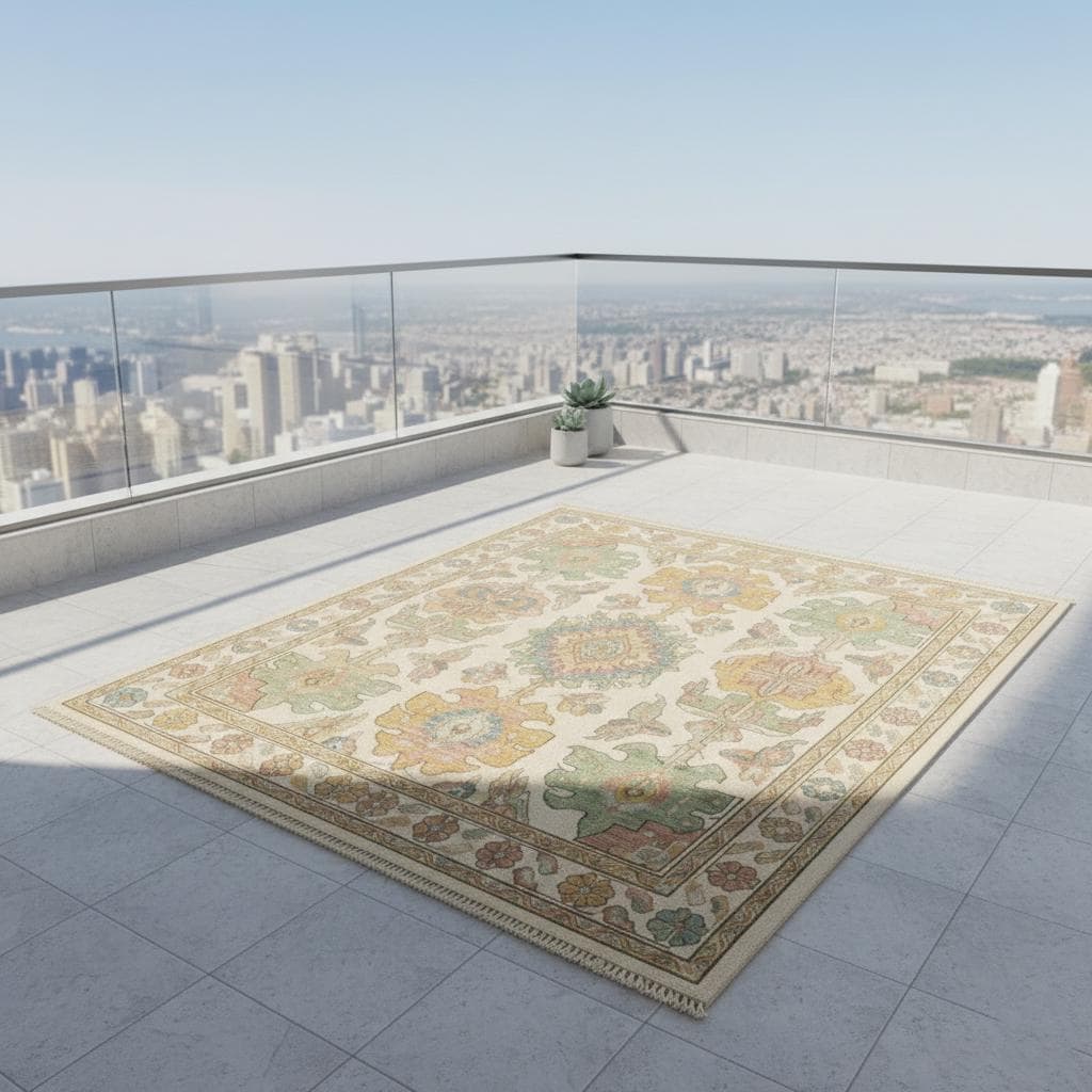 Pastel Medallion Area Rug, Vintage Floral Boho Oriental Carpet, Neutral Living Room