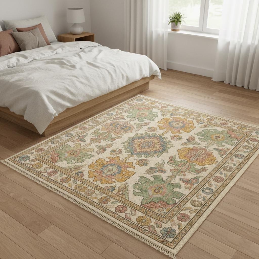 Pastel Medallion Area Rug, Vintage Floral Boho Oriental Carpet, Neutral Living Room