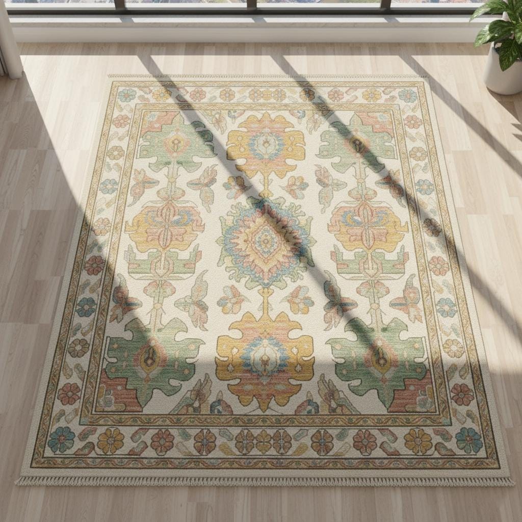 Pastel Medallion Area Rug, Vintage Floral Boho Oriental Carpet, Neutral Living Room