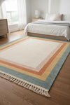 Handmade Pastel Border Area Rug, Modern Oushak Carpet with Fringe