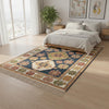 Hand-Knotted Oushak Wool Rug, Navy Blue Floral Medallion Oriental Boho Carpet