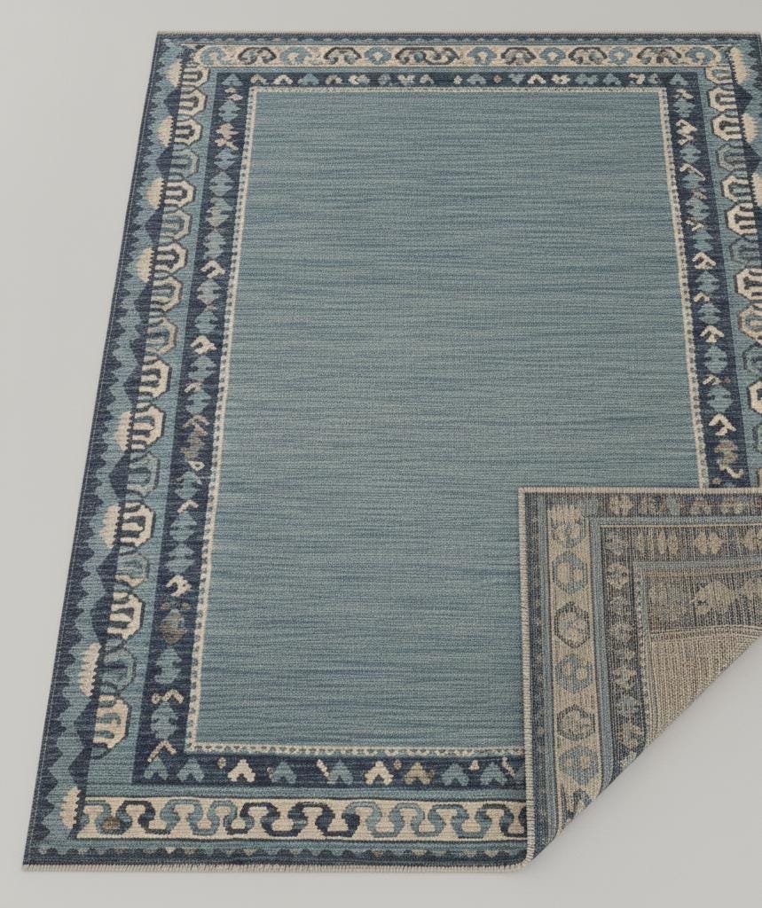 Handmade Blue Wool Area Rug, Tribal Geometric Design, 7x12 ft