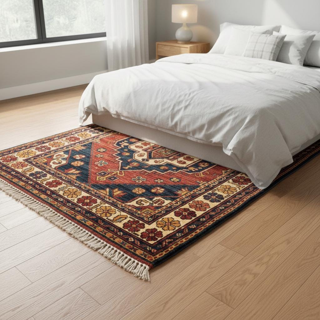 Vintage Tribal Medallion Rug, Red Navy Geometric Oriental Carpet, Boho Statement Fringe Rug