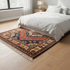 Vintage Tribal Medallion Rug, Red Navy Geometric Oriental Carpet, Boho Statement Fringe Rug