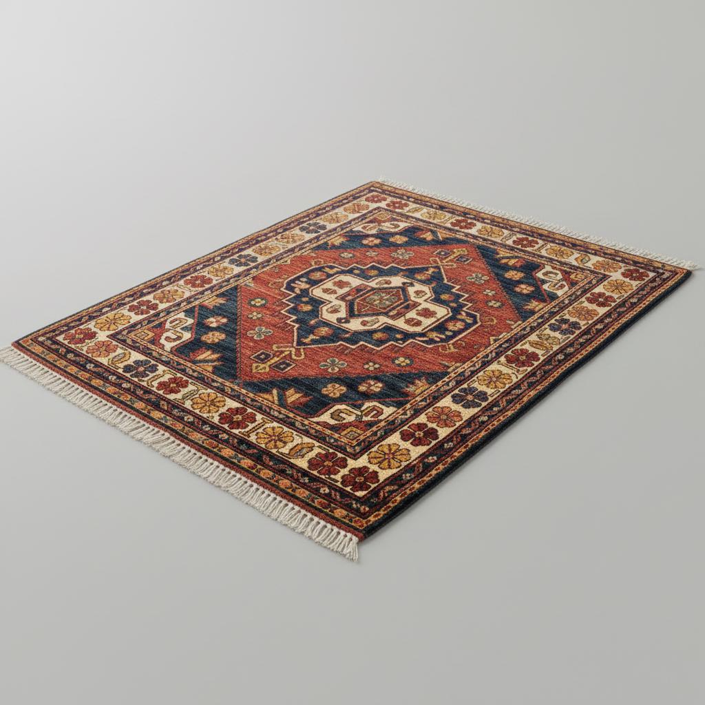 Vintage Tribal Medallion Rug, Red Navy Geometric Oriental Carpet, Boho Statement Fringe Rug
