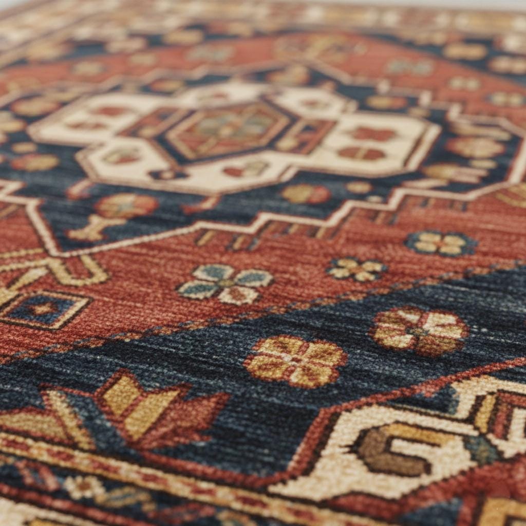 Vintage Tribal Medallion Rug, Red Navy Geometric Oriental Carpet, Boho Statement Fringe Rug