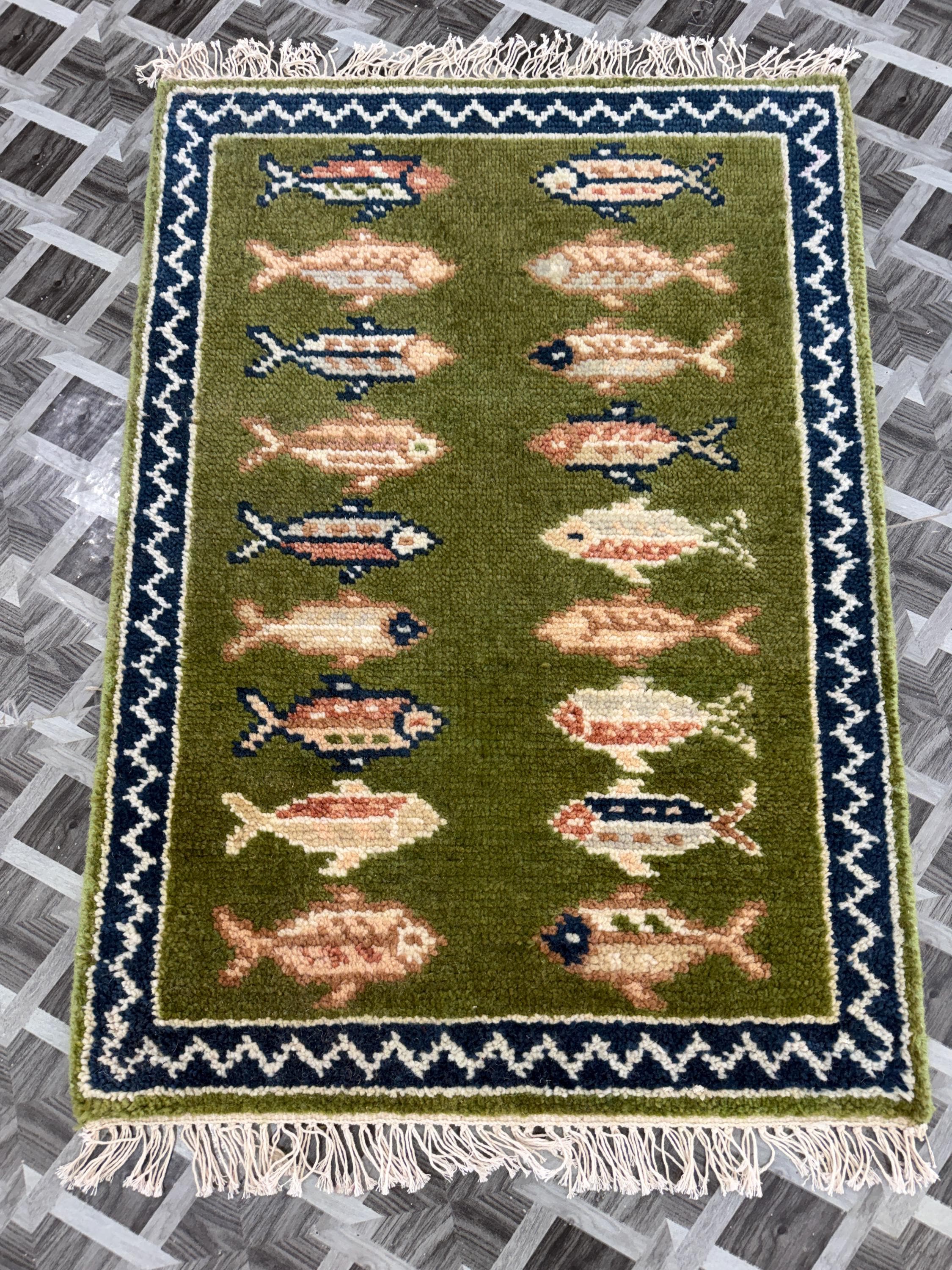 Hand-Knotted Wool Runner Rug, Fish Abstract Design, Plush Living Room Carpet
