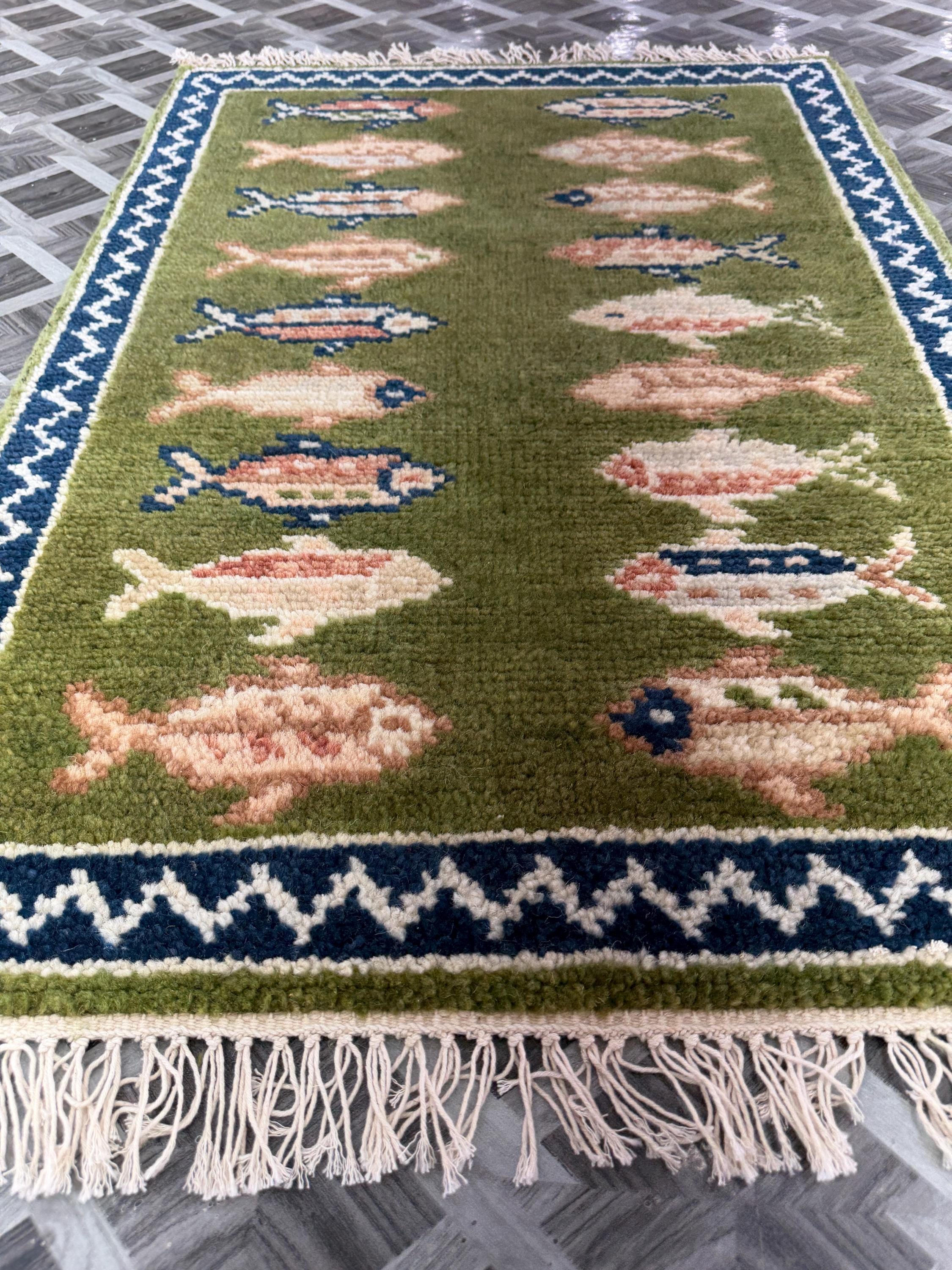 Hand-Knotted Wool Runner Rug, Fish Abstract Design, Plush Living Room Carpet