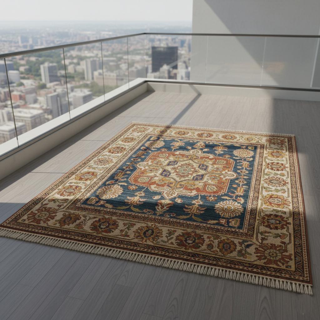 Navy Blue Traditional Medallion Wool Rug, Floral Oriental Carpet, Ivory Border