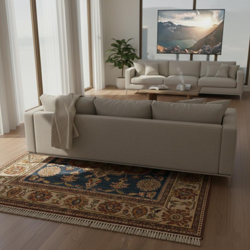 Navy Blue Traditional Medallion Wool Rug, Floral Oriental Carpet, Ivory Border