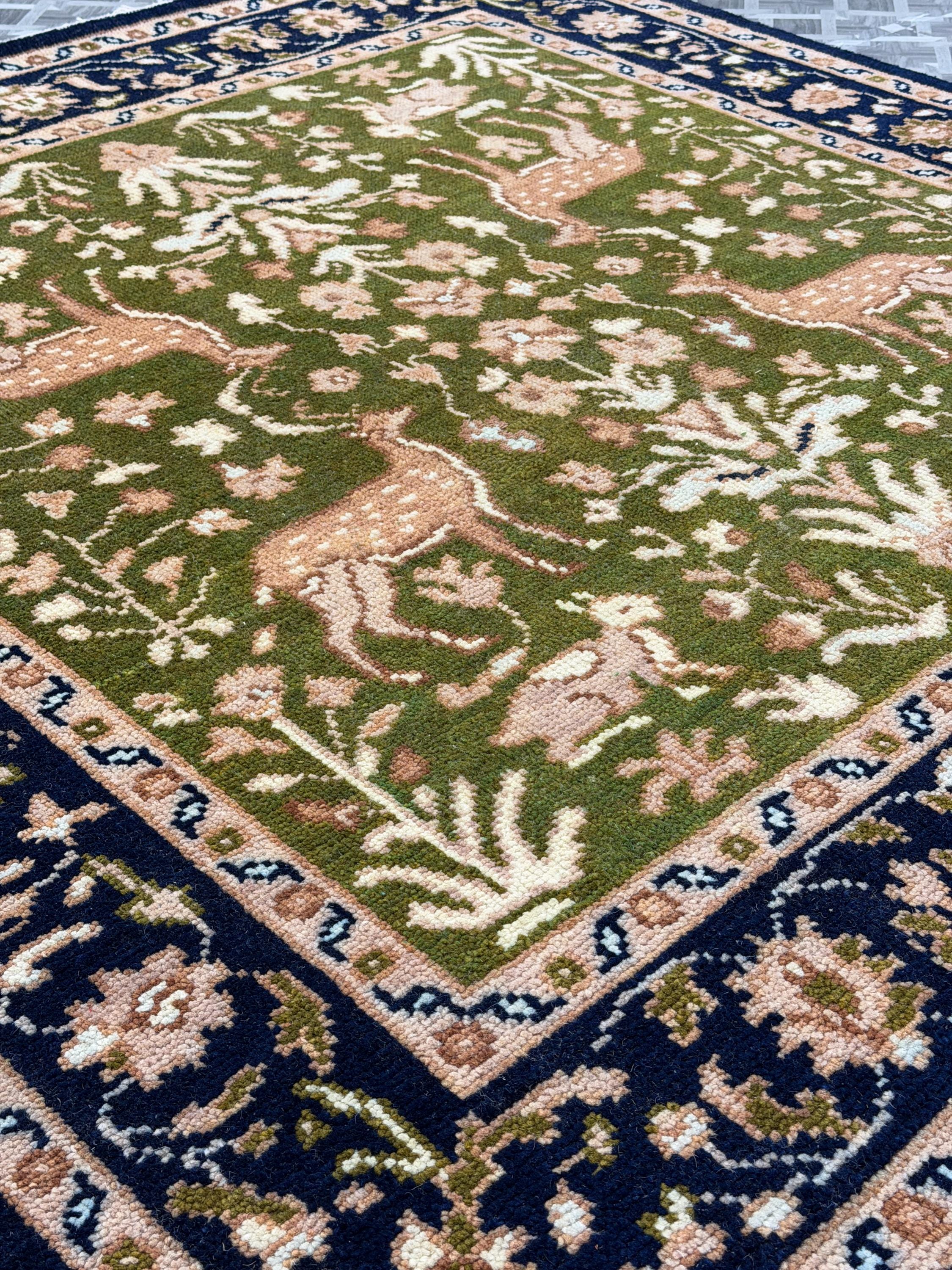 Handmade Green Persian Wool Rug, Navy Floral Border Carpet (6x6ft)