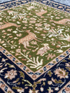 Handmade Green Persian Wool Rug, Navy Floral Border Carpet (6x6ft)